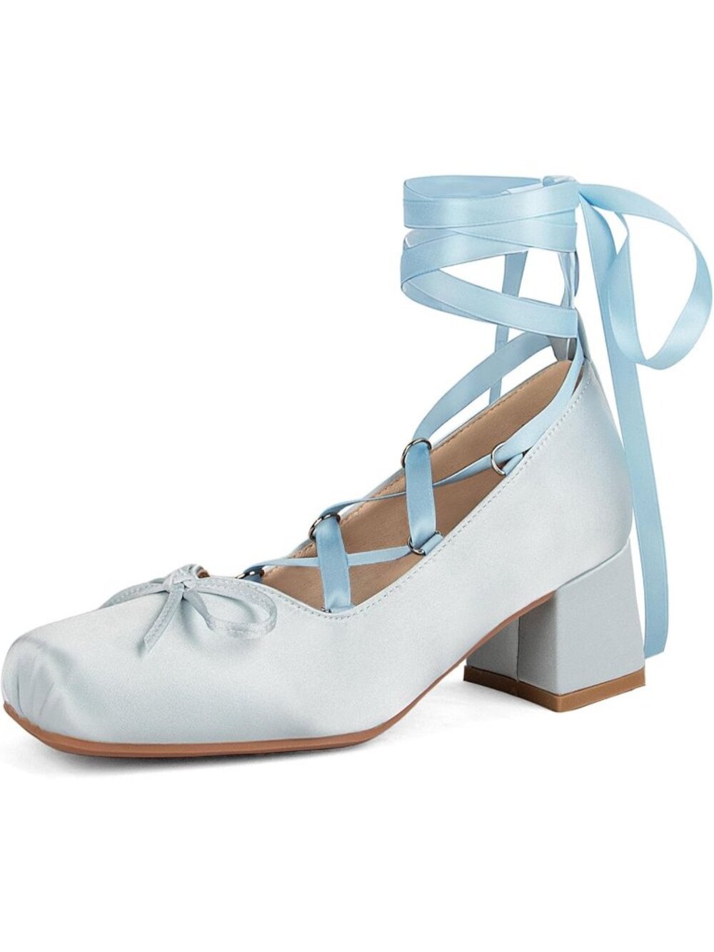Women's Blue Chunky Block Heel Ribbon Pumps Square Toe Lace Up Ballet Heels